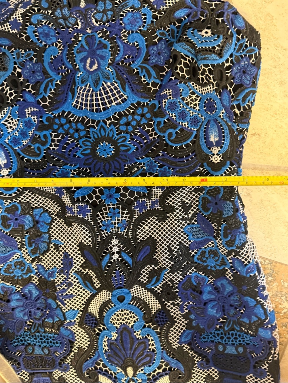 Badgley Mischka Blue Patterned Lace/Mesh Overlay Midi Sheath Dress - Picture 11 of 12